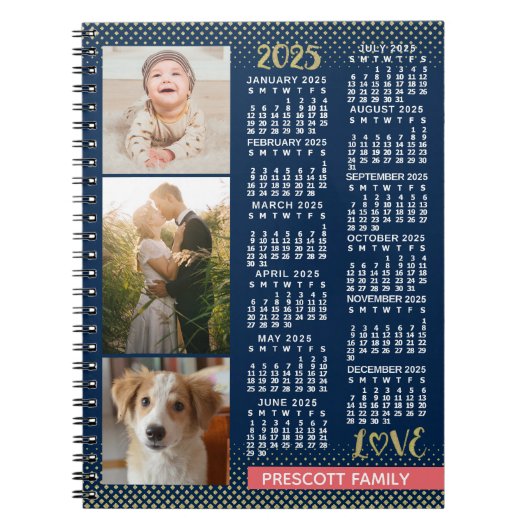 2025 Kalender Marine Koraal Goud Familie Fotocolla Notitieboek (Voorkant)