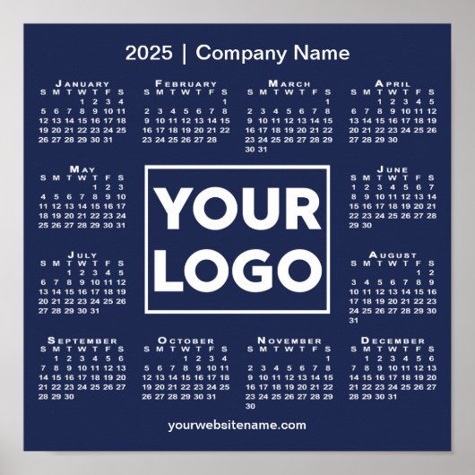 2025 Kalender met Bedrijf Logo en Naam Navy Blue Poster (Voorkant)