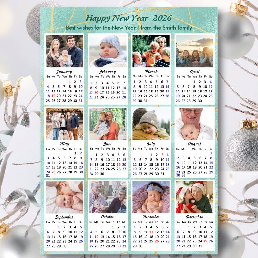 2025 Kalender Mint Groene Glitter Familie 12 Foto Feestdagenkaart