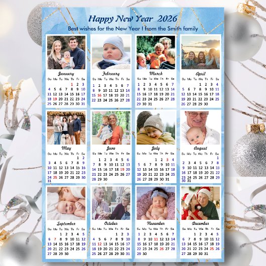 2025 Kalender Modern Blauw Goud 12 Fotocollage Feestdagenkaart