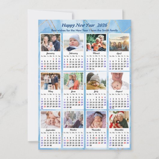 2025 Kalender Modern Blauw Goud 12 Fotocollage Feestdagenkaart (Voorkant)