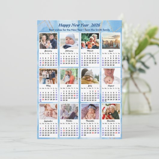 2025 Kalender Modern Blauw Goud 12 Fotocollage Feestdagenkaart (Staand voorkant)