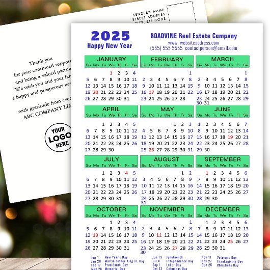 2025 Kalender Modern Blauw Groen Business Logo Feestdagenkaart