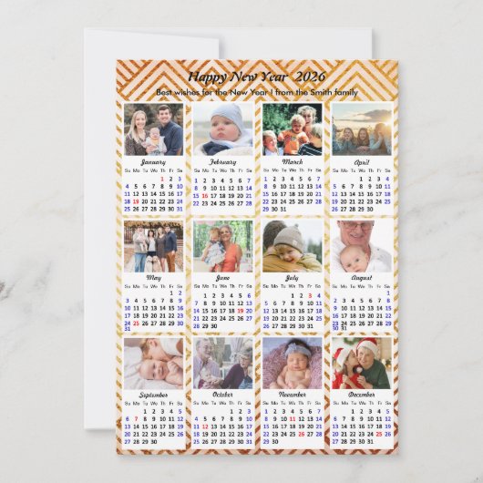 2025 Kalender Modern Goud 12 Familie Fotocollage Feestdagenkaart (Voorkant)