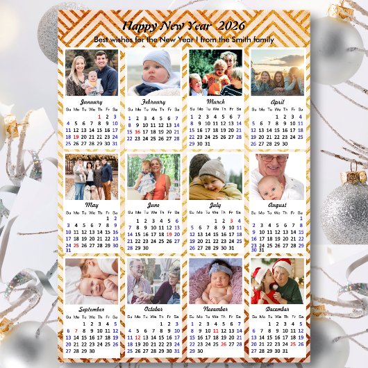 2025 Kalender Modern Goud 12 Familie Fotocollage Feestdagenkaart