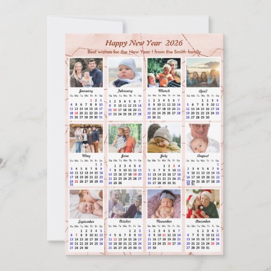 2025 Kalender Modern Roze Glitter 12 Fotocollage Feestdagenkaart (Voorkant)