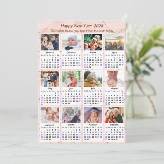 2025 Kalender Modern Roze Glitter 12 Fotocollage Feestdagenkaart (Staand voorkant)