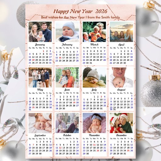 2025 Kalender Modern Roze Glitter 12 Fotocollage Feestdagenkaart