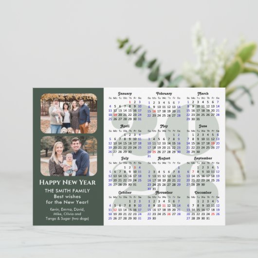 2025 Kalender Modern Sage Green Minimalist 2 Foto Feestdagenkaart (Staand voorkant)
