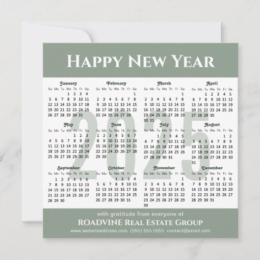 2025 Kalender Modern Script Sage Green Business Feestdagenkaart (Voorkant)