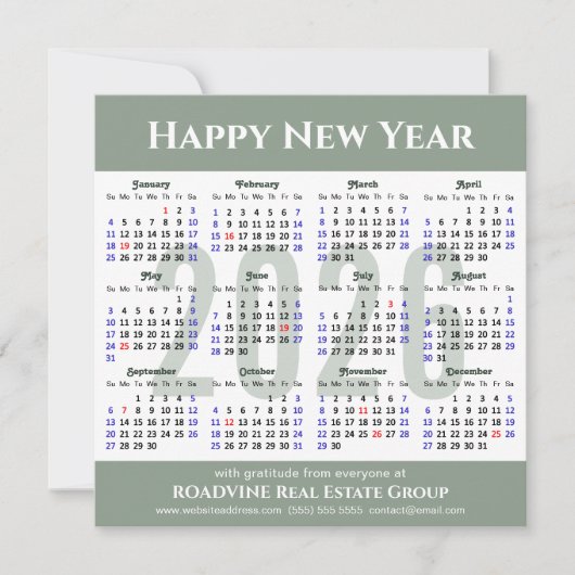 2025 Kalender Modern Script Sage Green Business Feestdagenkaart (Voorkant)