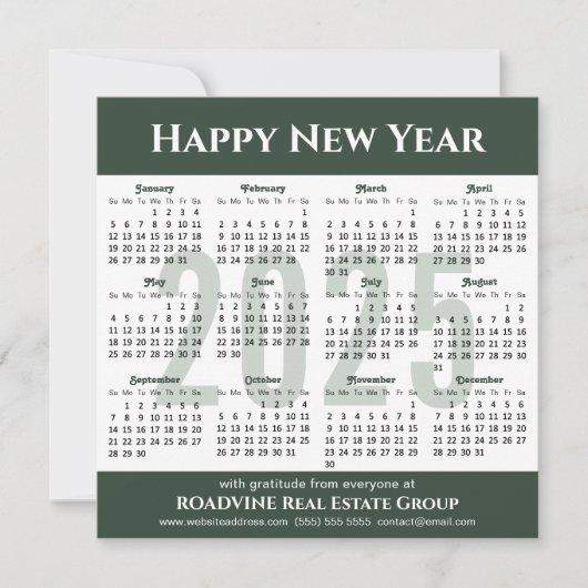 2025 Kalender Modern Script Sage Green Business Feestdagenkaart (Voorkant)