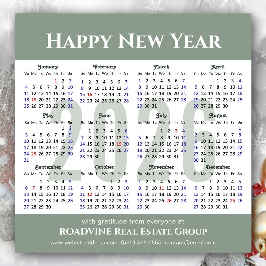 2025 Kalender Modern Script Sage Green Business Feestdagenkaart