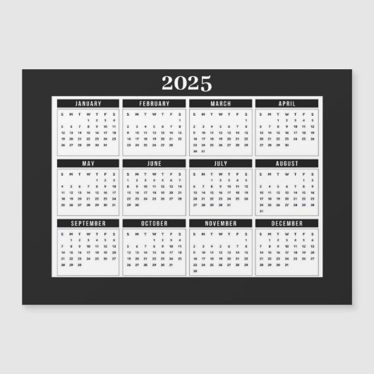 2025 Kalender Modern Zwart Wit Magnetische Kaart (Voorkant)
