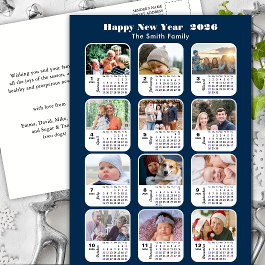 2025 Kalender Moderne Familie 12 Foto Blauw Glitte Feestdagenkaart
