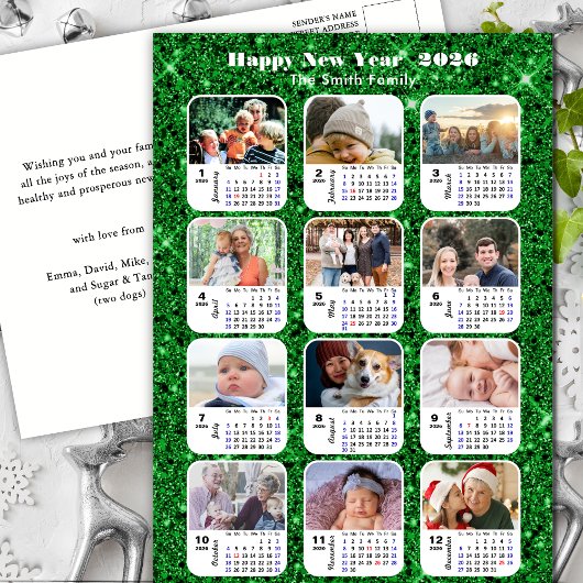 2025 Kalender Moderne Familie 12 Foto Groene Glitt Feestdagenkaart