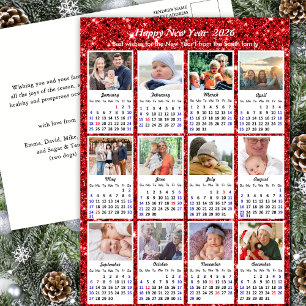 2025 Kalender Moderne Familie 12 Foto Rood Glitter Feestdagenkaart