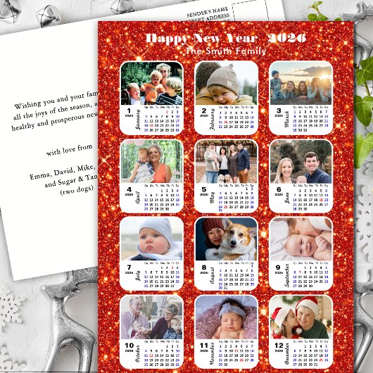 2025 Kalender Moderne Familie 12 Foto Rood Glitter Feestdagenkaart