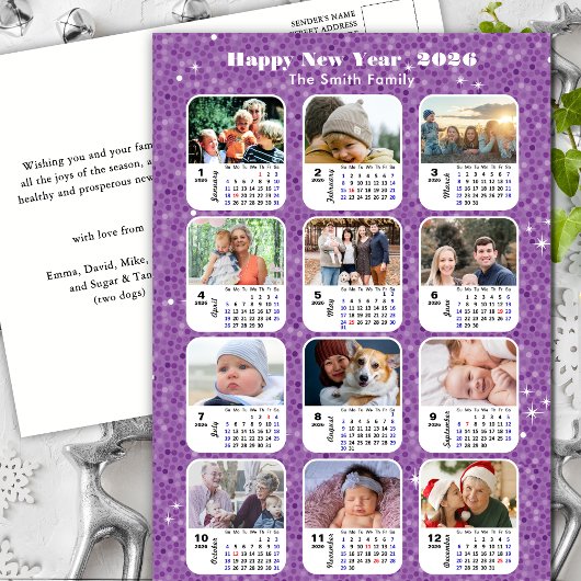 2025 Kalender Moderne Familiefoto Paarse Glitter Feestdagenkaart
