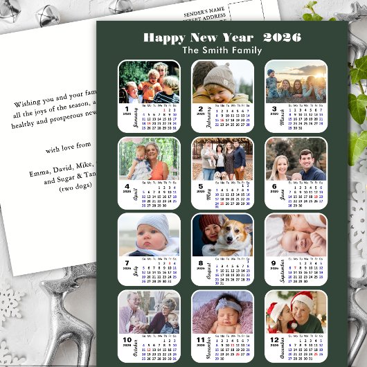 2025 Kalender Moderne Groene Familie 12 Fotocollag Briefkaart