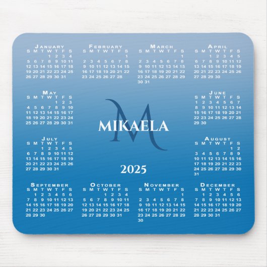 2025 Kalender Monogram Naam op Sky Blue Gradient Muismat (Voorkant)