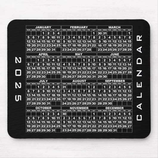 2025 Kalender Mousepad Zwart Muismat (Voorkant)