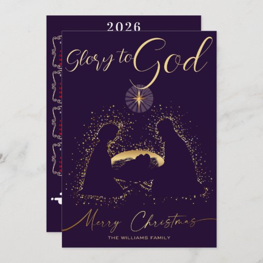 2025 Kalender Nativity Manager Glory to God Script Feestdagenkaart (Voorkant / Achterkant)