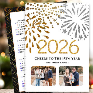 2025 Kalender Nieuwjaar Vuurwerk Goud Familiefoto Feestdagenkaart