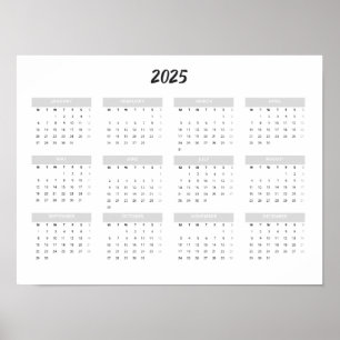 2025 kalender per maand thuis school kantoor muur poster