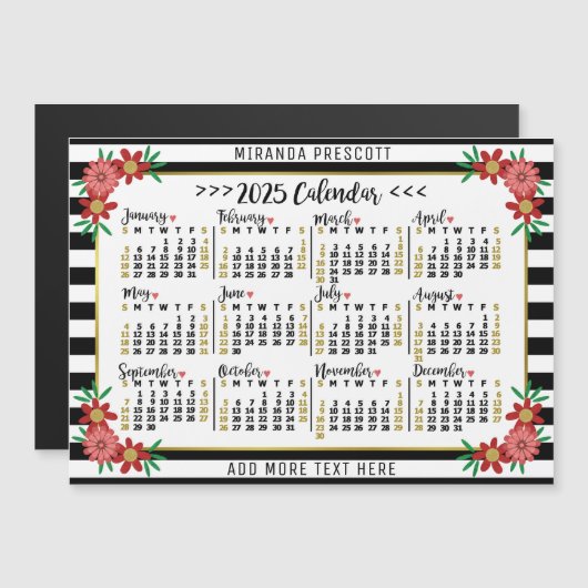 2025 Kalender Preppy Bloemen Strepen Aangepaste na Magnetische Uitnodiging (Voorkant / Achterkant)