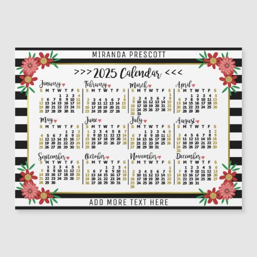 2025 Kalender Preppy Bloemen Strepen Custom Magnet (Voorkant)