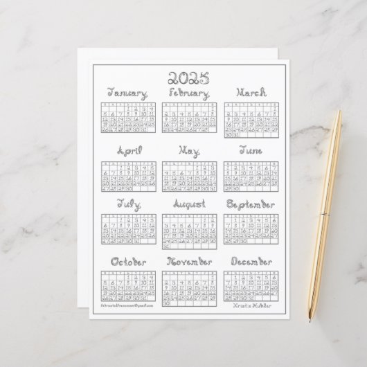 2025 Kalender Printable Zilver Grijs Stof Font (Voorkant / Achterkant in situ)
