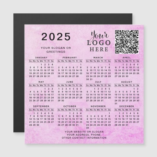 2025 Kalender QR Code Business Logo Roze Magneet (Voorkant / Achterkant)
