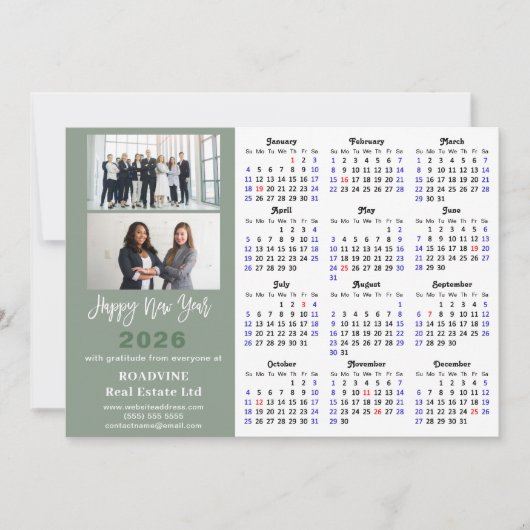 2025 Kalender Sage Green Business 2 Foto Nieuwjaar Feestdagenkaart (Voorkant)