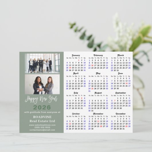 2025 Kalender Sage Green Business 2 Foto Nieuwjaar Feestdagenkaart (Staand voorkant)