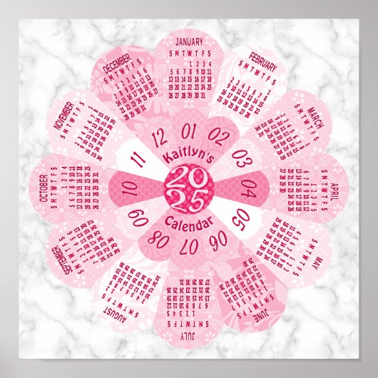 2025 Kalender Unieke Ronde Boho Roze Bloem Custom Poster (Voorkant)