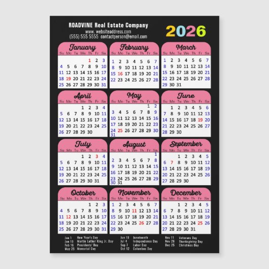 2025 Kalender US Feestdagen Roze Corporate Magneti (Voorkant)