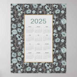 2025 Kalender Voljaar Blauw Grijs Poppies Poster