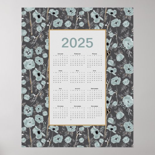 2025 Kalender Voljaar Blauw Grijs Poppies Poster (Voorkant)