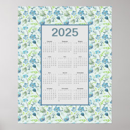 2025 Kalender Voljaar Blauwe Bloemen Poster