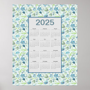 2025 Kalender Voljaar Blauwe Bloemen Poster