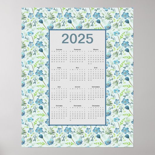 2025 Kalender Voljaar Blauwe Bloemen Poster (Voorkant)
