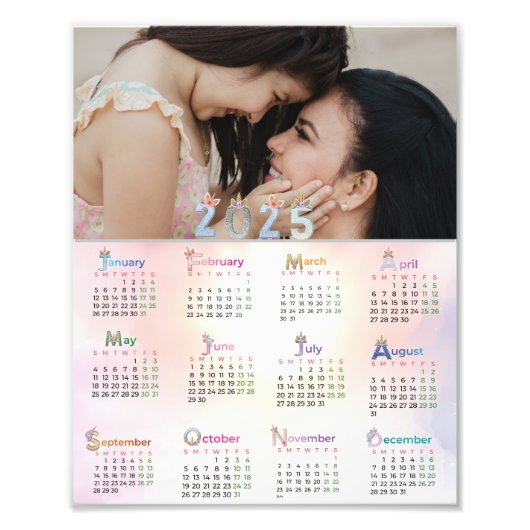 2025 Kalender Waterverf Eenhoorn Roze Regenboog Foto Afdruk (Voorkant)