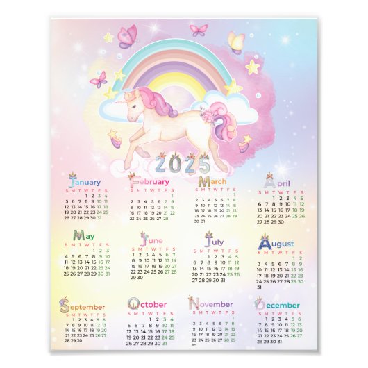 2025 Kalender Waterverf Eenhoorn Roze Regenboog Foto Afdruk (Voorkant)