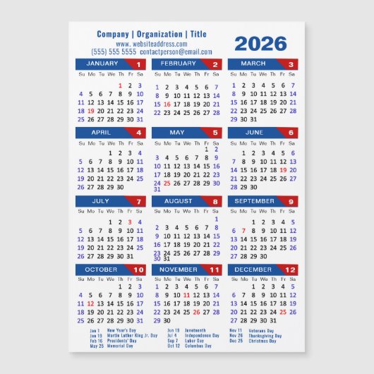 2025 Kalender Zakelijk Eenvoudig Blauw Rood Magnet (Voorkant)