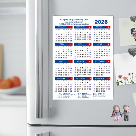 2025 Kalender Zakelijk Eenvoudig Blauw Rood Magnet
