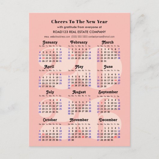 2025 Kalender Zakelijk Elegant Roze Minimalist Feestdagenkaart (Voorkant)