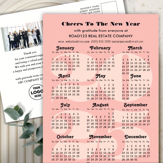 2025 Kalender Zakelijk Elegant Roze Minimalist Feestdagenkaart