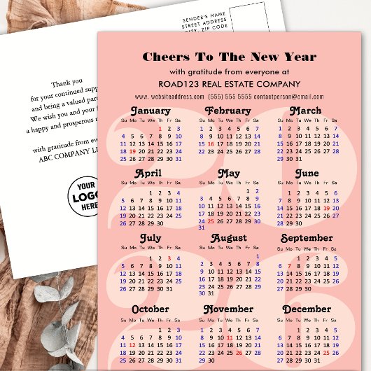 2025 Kalender Zakelijk Elegant Roze Minimalist Feestdagenkaart