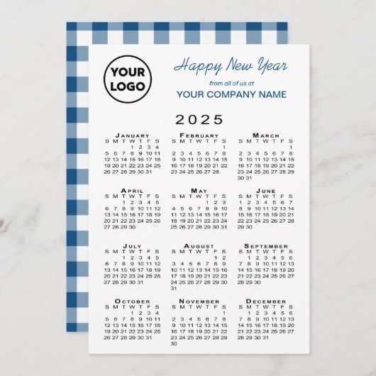 2025 Kalender Zakelijk Logo Blauw Wit Gingham Feestdagenkaart (Voorkant / Achterkant)